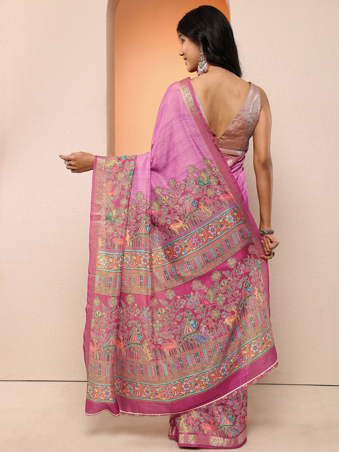 Mauve Printed Silk Blend Saree With Unstitched Blouse Piece