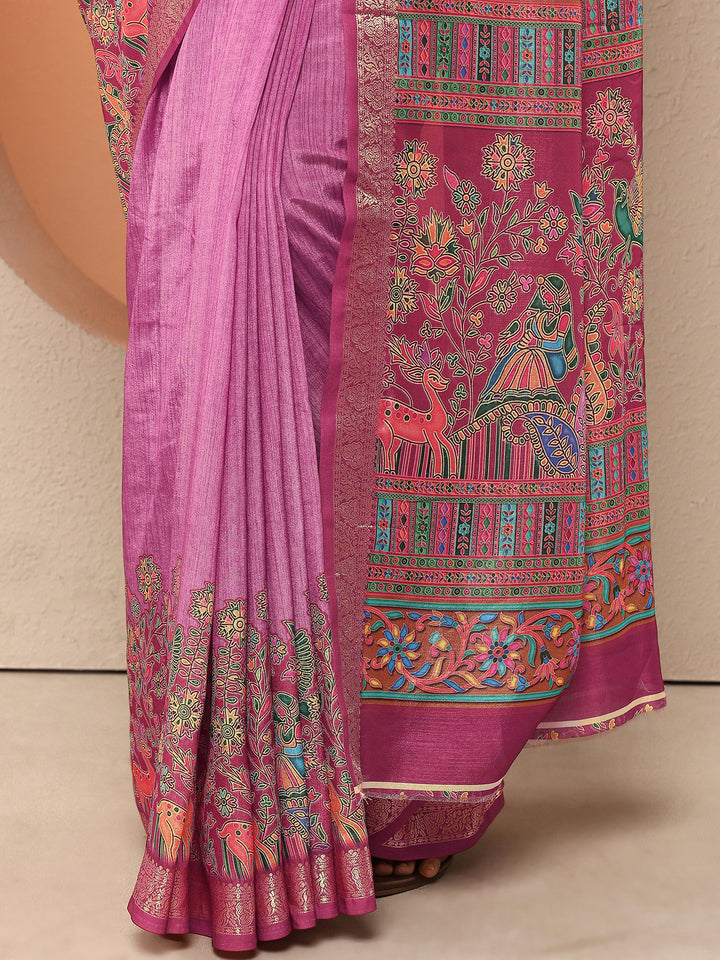 Mauve Printed Silk Blend Saree With Unstitched Blouse Piece