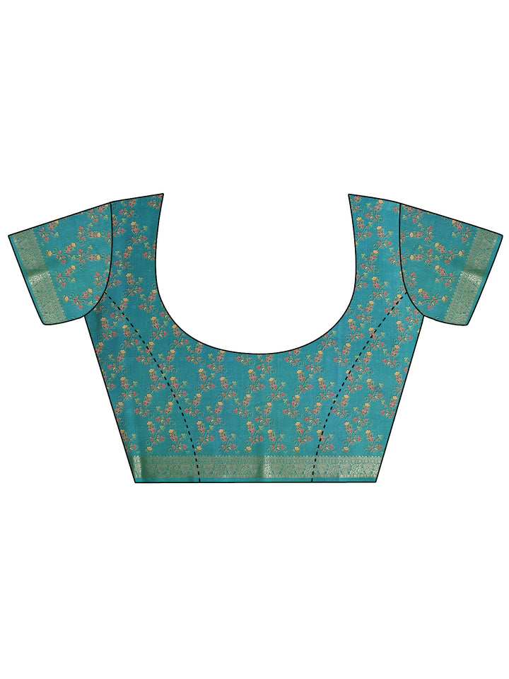 Blue Printed Silk Blend Saree With Unstitched Blouse Piece
