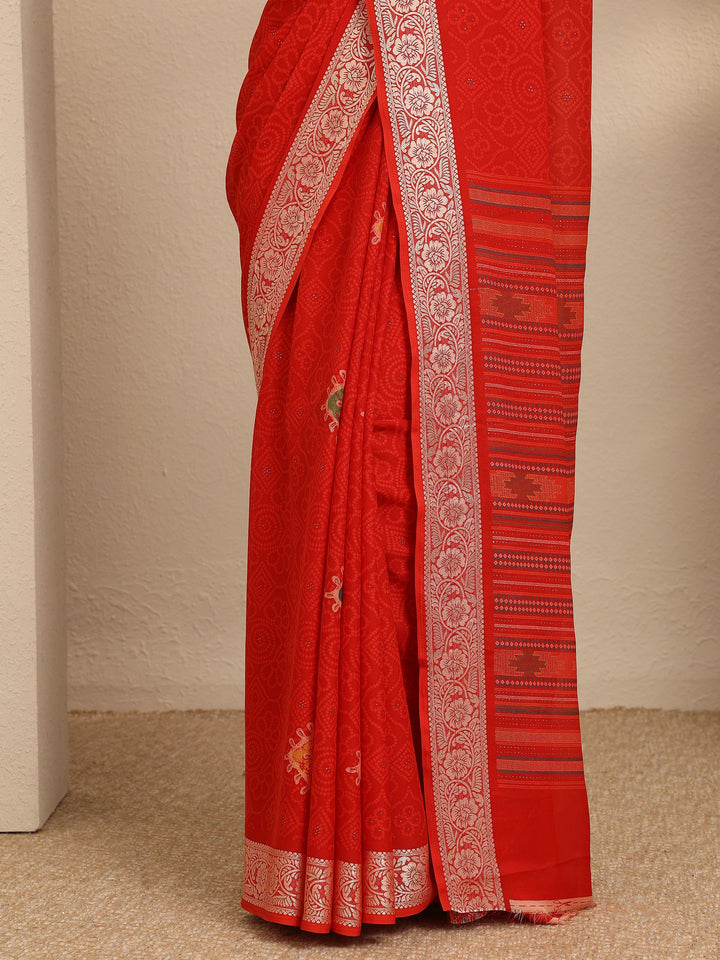 Red Bandhani Printed Georgette Saree With Unstitched Blouse Piece