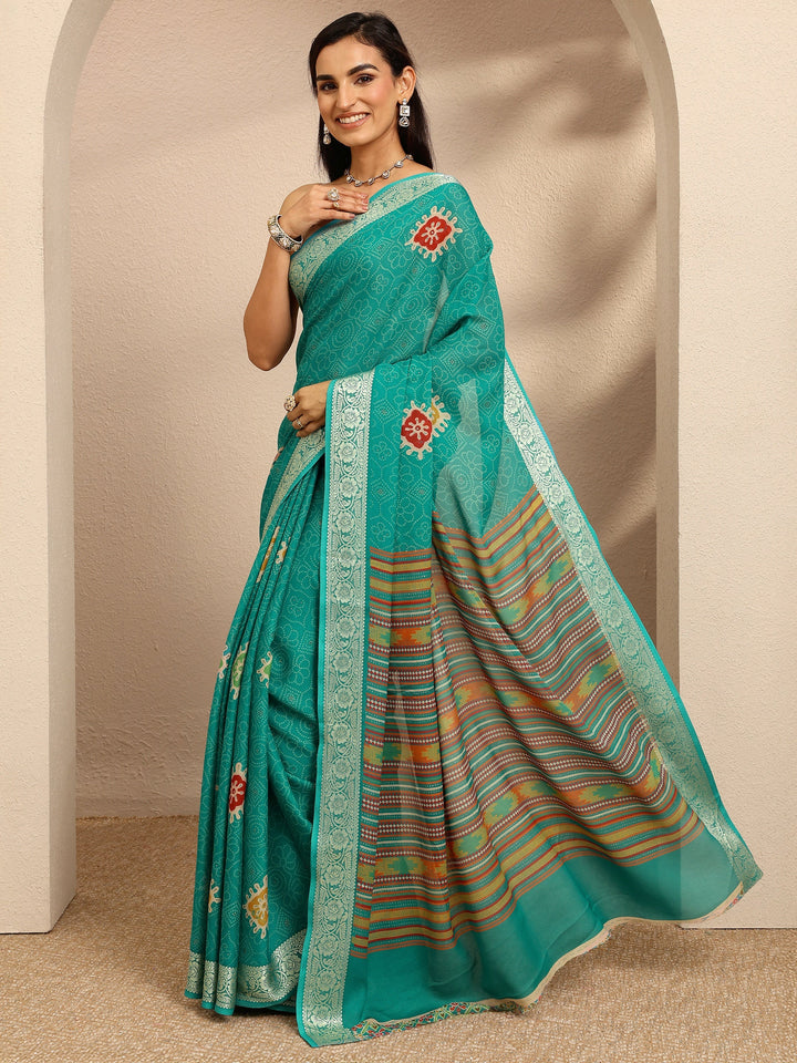 Green Bandhani Printed Georgette Saree With Unstitched Blouse Piece