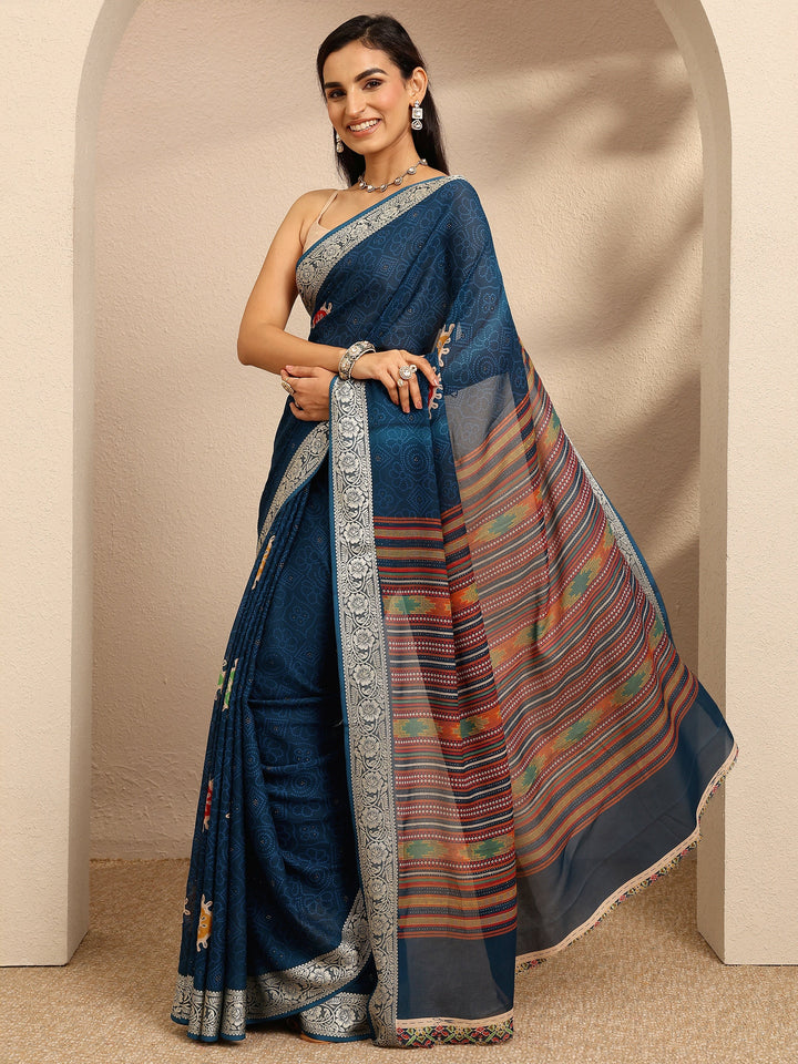 Navy Blue Bandhani Printed Georgette Saree With Unstitched Blouse Piece