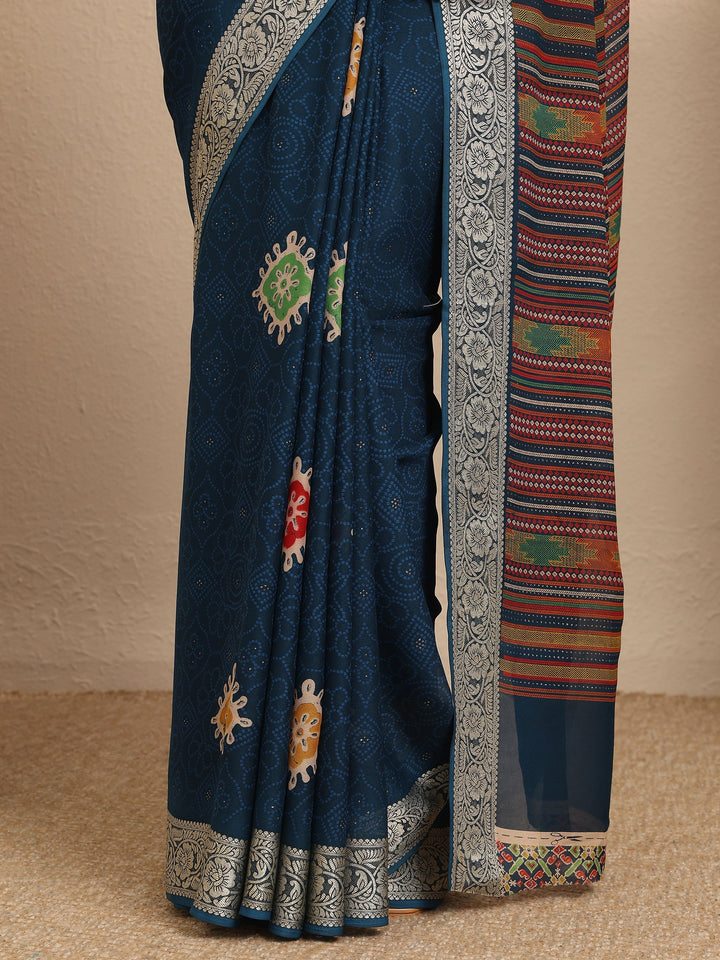 Navy Blue Bandhani Printed Georgette Saree With Unstitched Blouse Piece