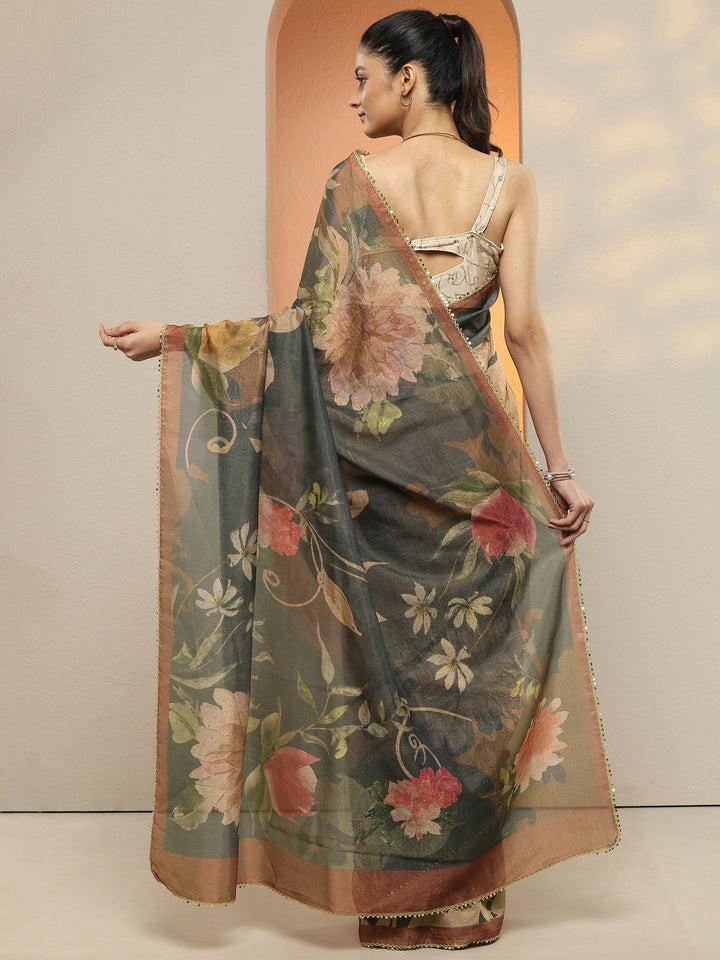 Brown Printed Silk Blend Saree With Unstitched Blouse Piece