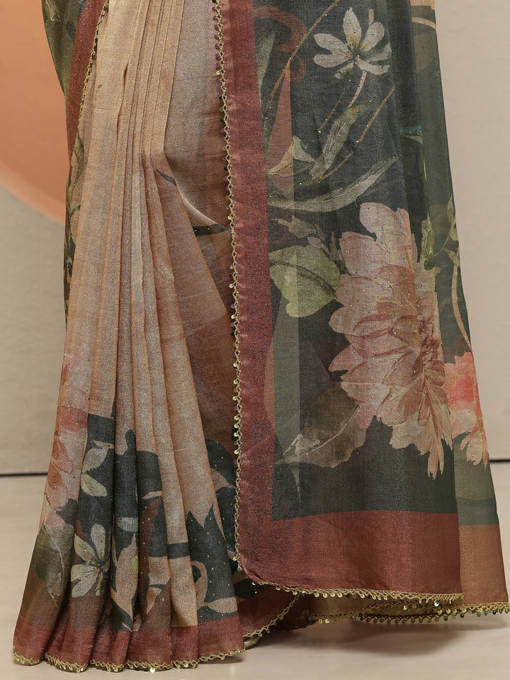 Brown Printed Silk Blend Saree With Unstitched Blouse Piece