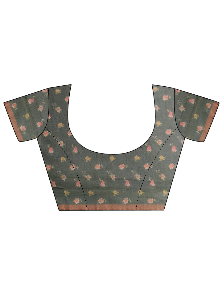 Brown Printed Silk Blend Saree With Unstitched Blouse Piece