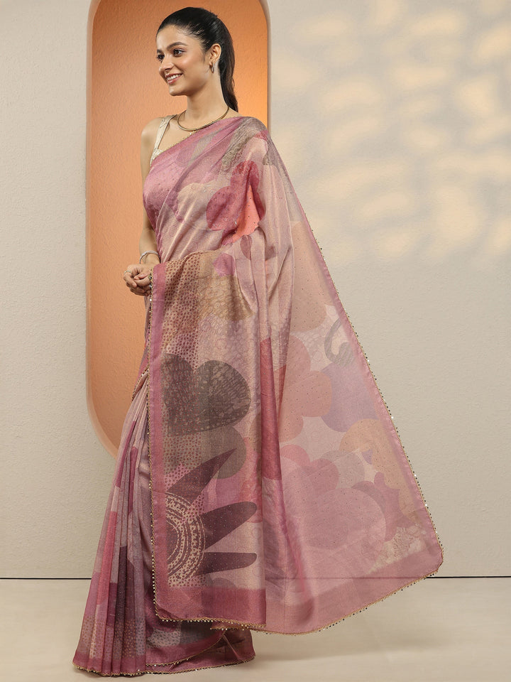 Lavender Printed Silk Blend Saree With Unstitched Blouse Piece
