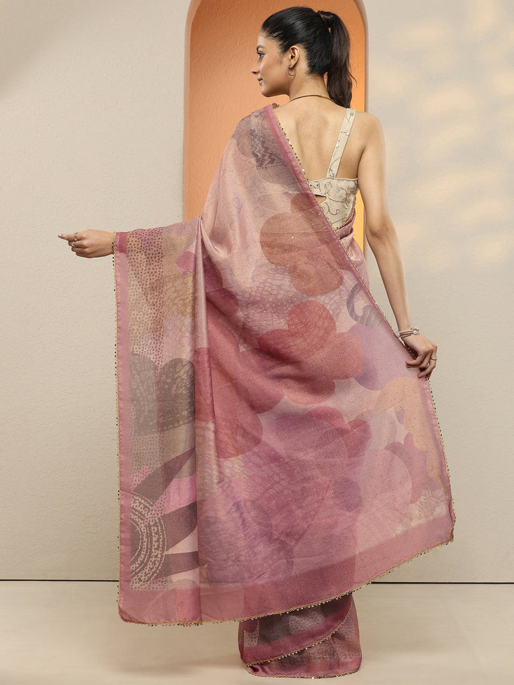 Lavender Printed Silk Blend Saree With Unstitched Blouse Piece