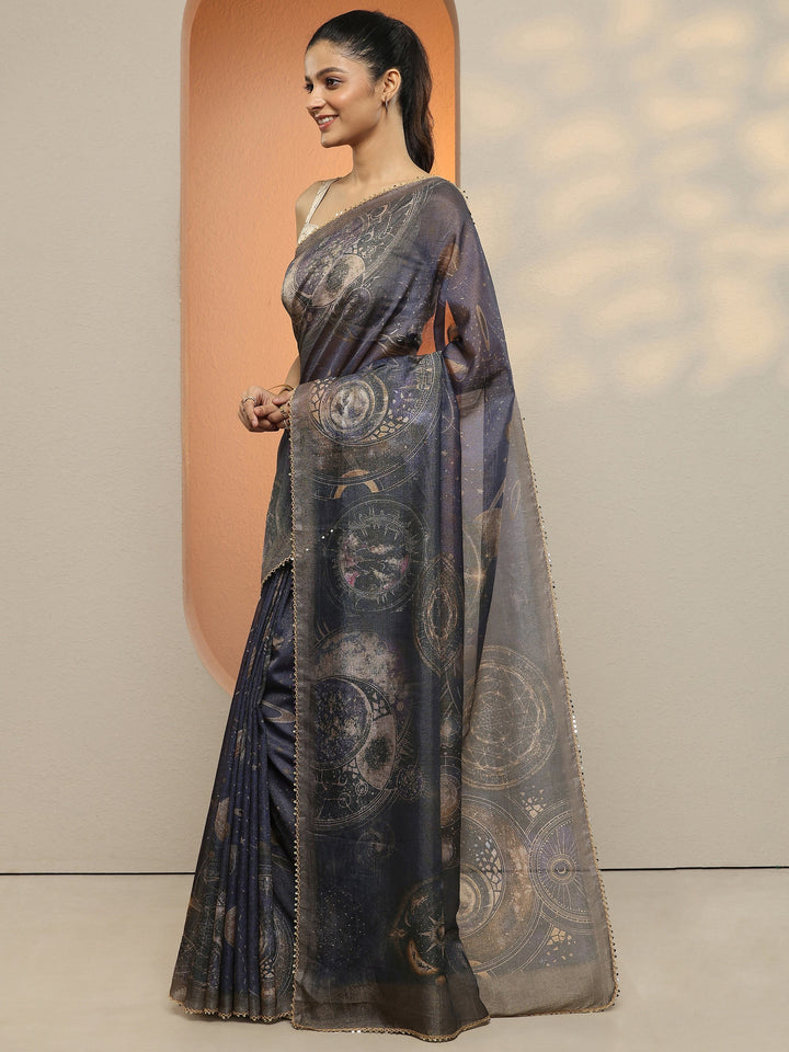 Purple Geometric Printed Silk Blend Saree With Unstitched Blouse Piece