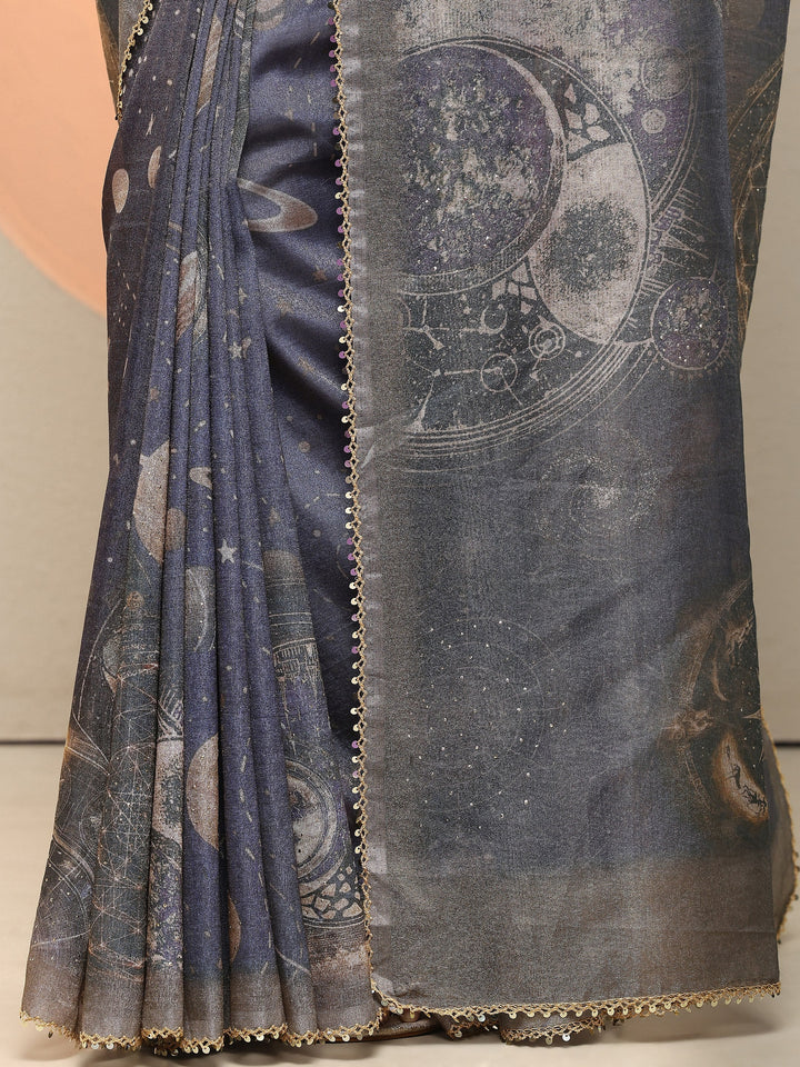 Purple Geometric Printed Silk Blend Saree With Unstitched Blouse Piece