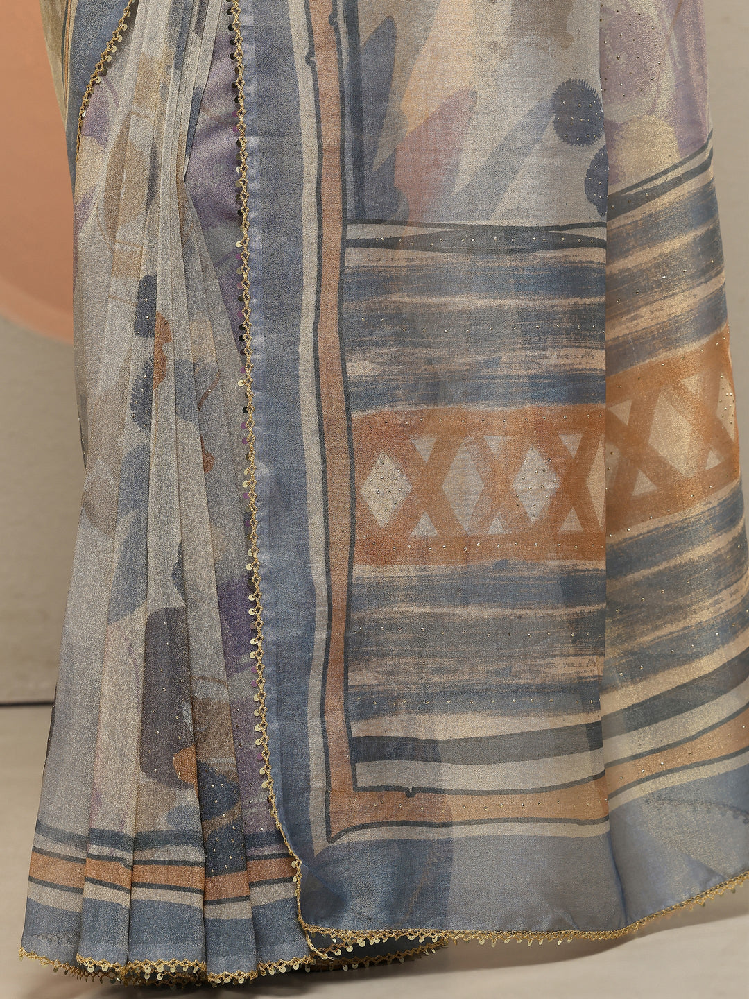 Grey Printed Silk Blend Saree With Unstitched Blouse Piece