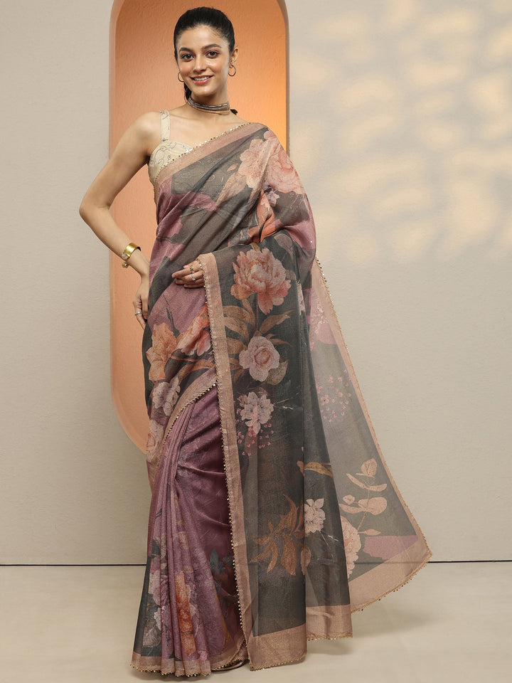 Grey Printed Silk Blend Saree With Unstitched Blouse Piece