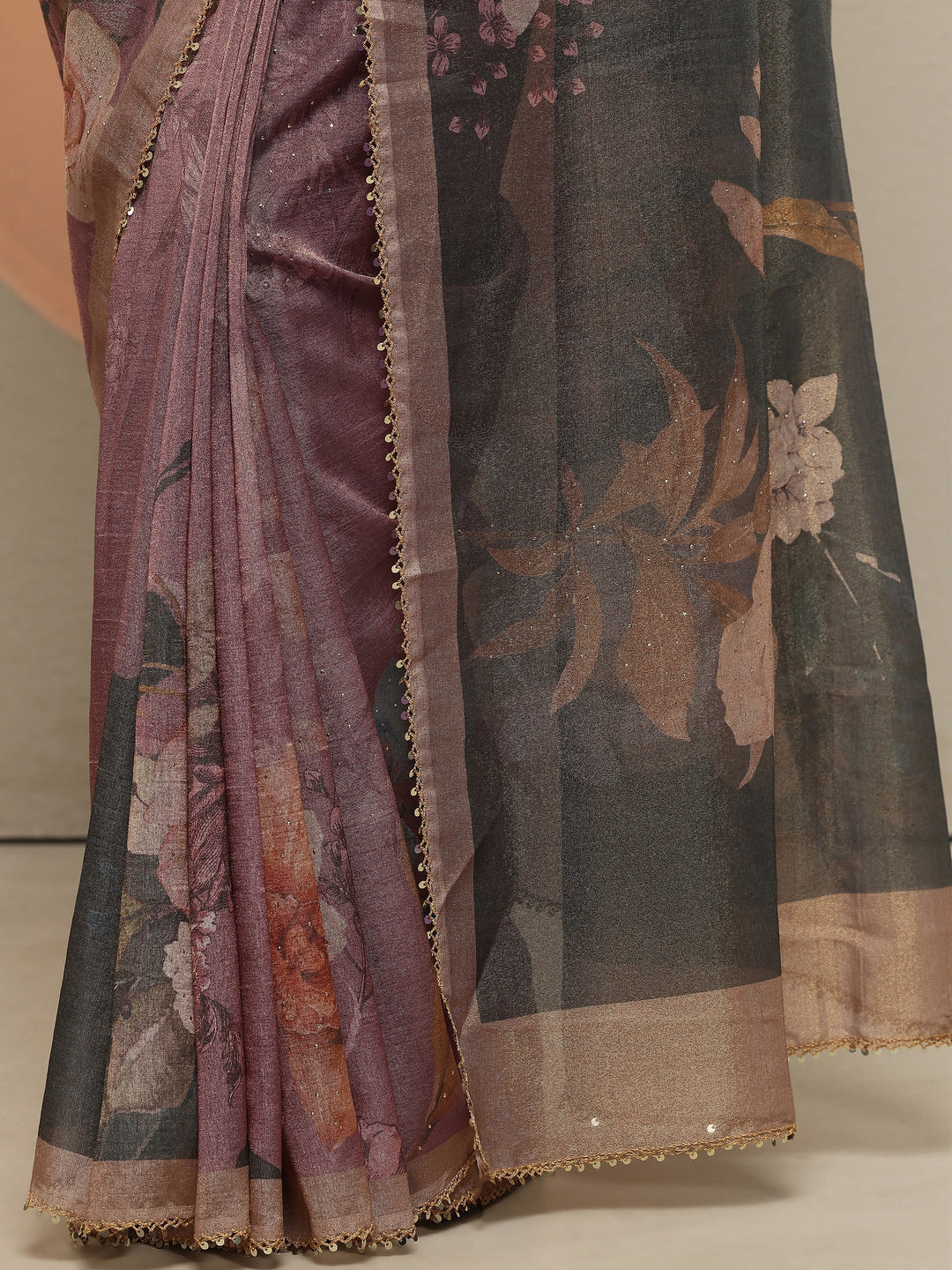 Grey Printed Silk Blend Saree With Unstitched Blouse Piece