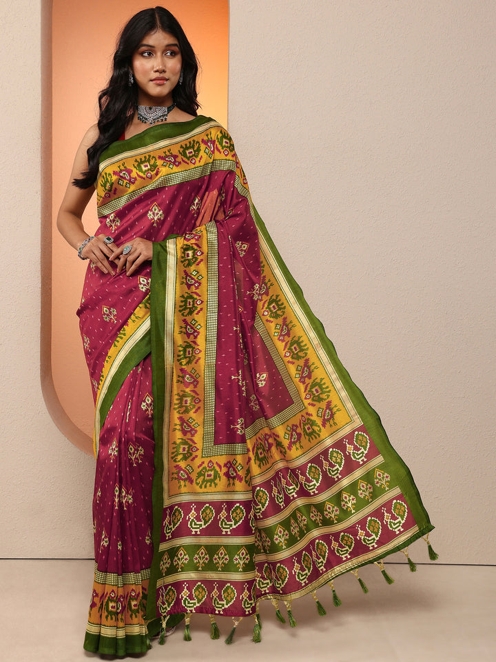 Maroon Printed Silk Blend Saree With Unstitched Blouse Piece