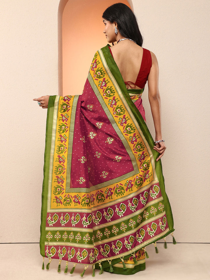 Maroon Printed Silk Blend Saree With Unstitched Blouse Piece