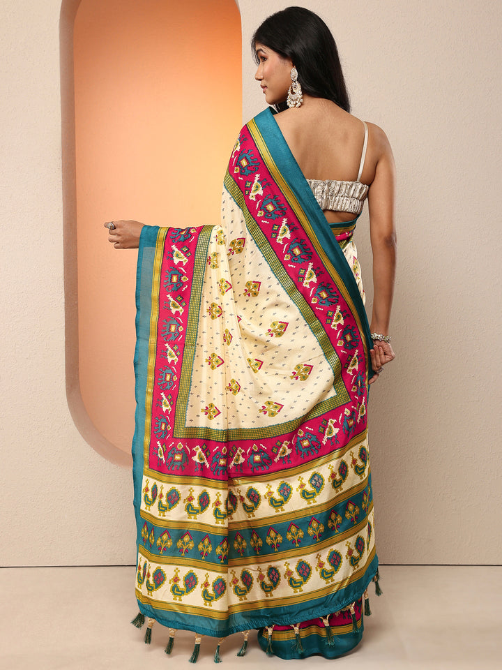 Off White Printed Silk Blend Saree With Unstitched Blouse Piece