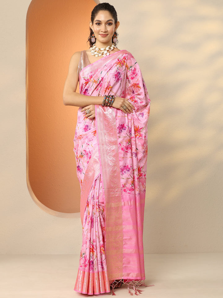 Pink Printed Silk Blend Saree With Unstitched Blouse Piece