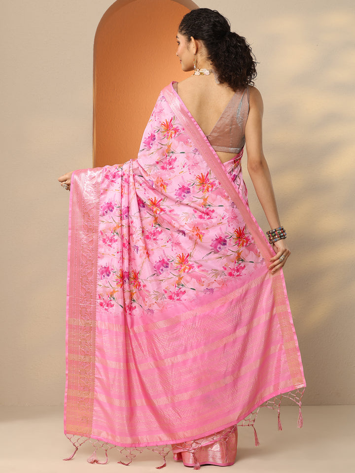Pink Printed Silk Blend Saree With Unstitched Blouse Piece