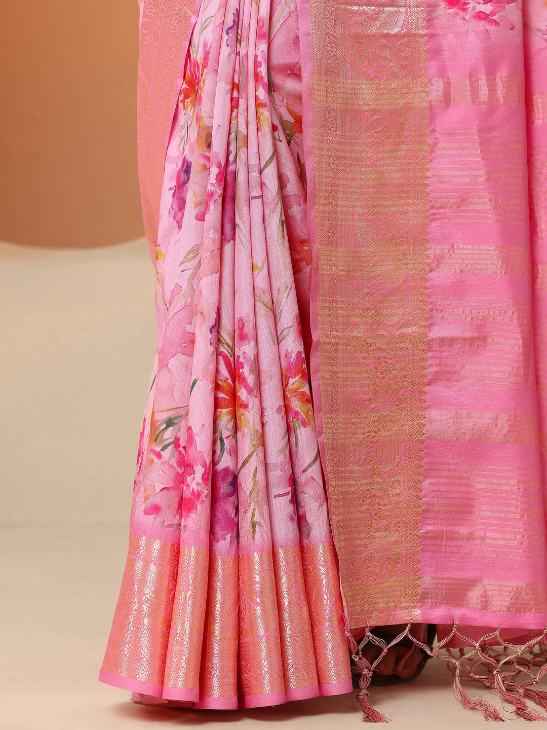 Pink Printed Silk Blend Saree With Unstitched Blouse Piece