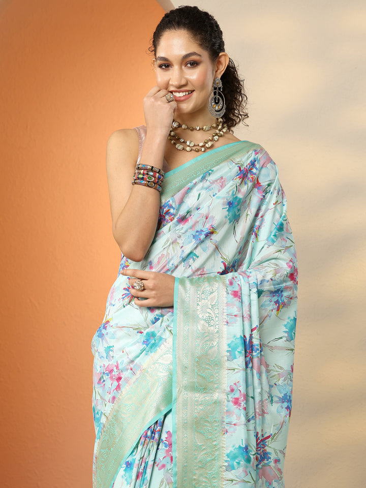 Blue Printed Silk Blend Saree With Unstitched Blouse Piece
