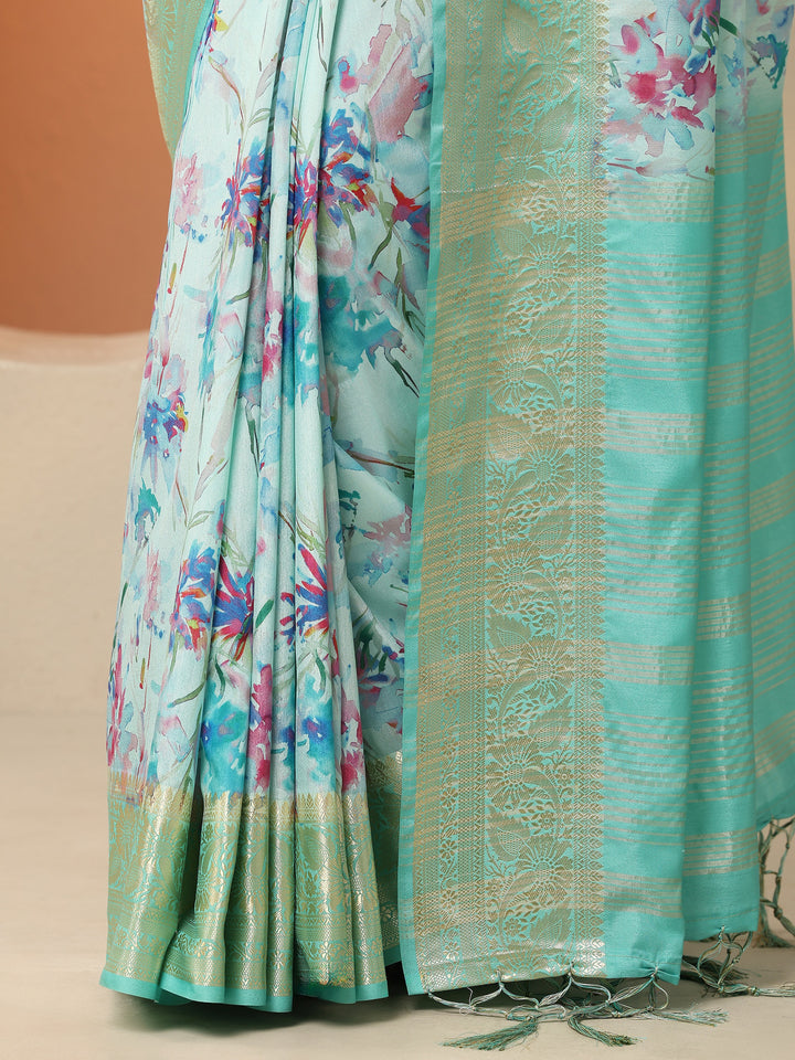 Blue Printed Silk Blend Saree With Unstitched Blouse Piece