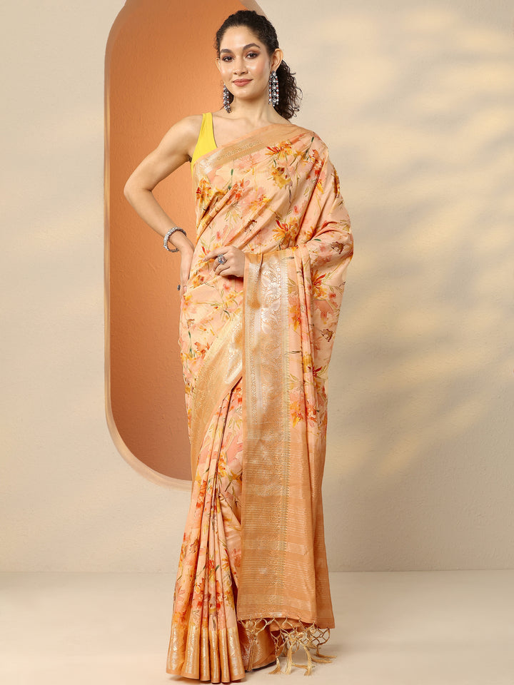 Peach Printed Silk Blend Saree With Unstitched Blouse Piece