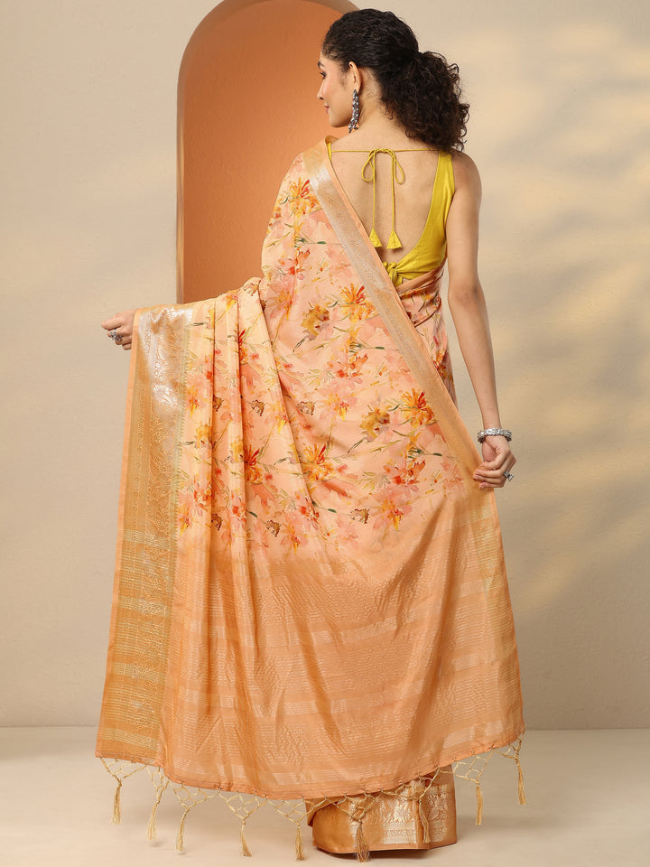 Peach Printed Silk Blend Saree With Unstitched Blouse Piece