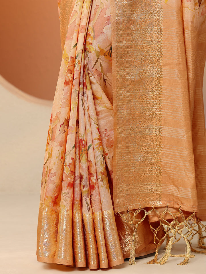 Peach Printed Silk Blend Saree With Unstitched Blouse Piece