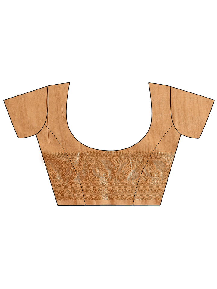 Peach Printed Silk Blend Saree With Unstitched Blouse Piece