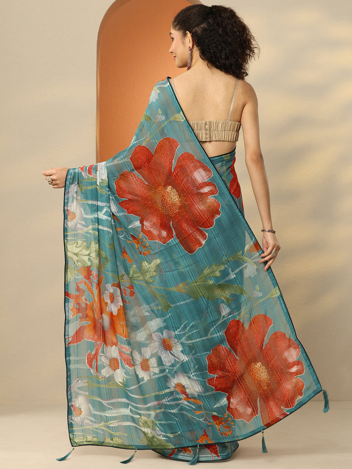 Blue Printed Georgette Saree With Unstitched Blouse Piece