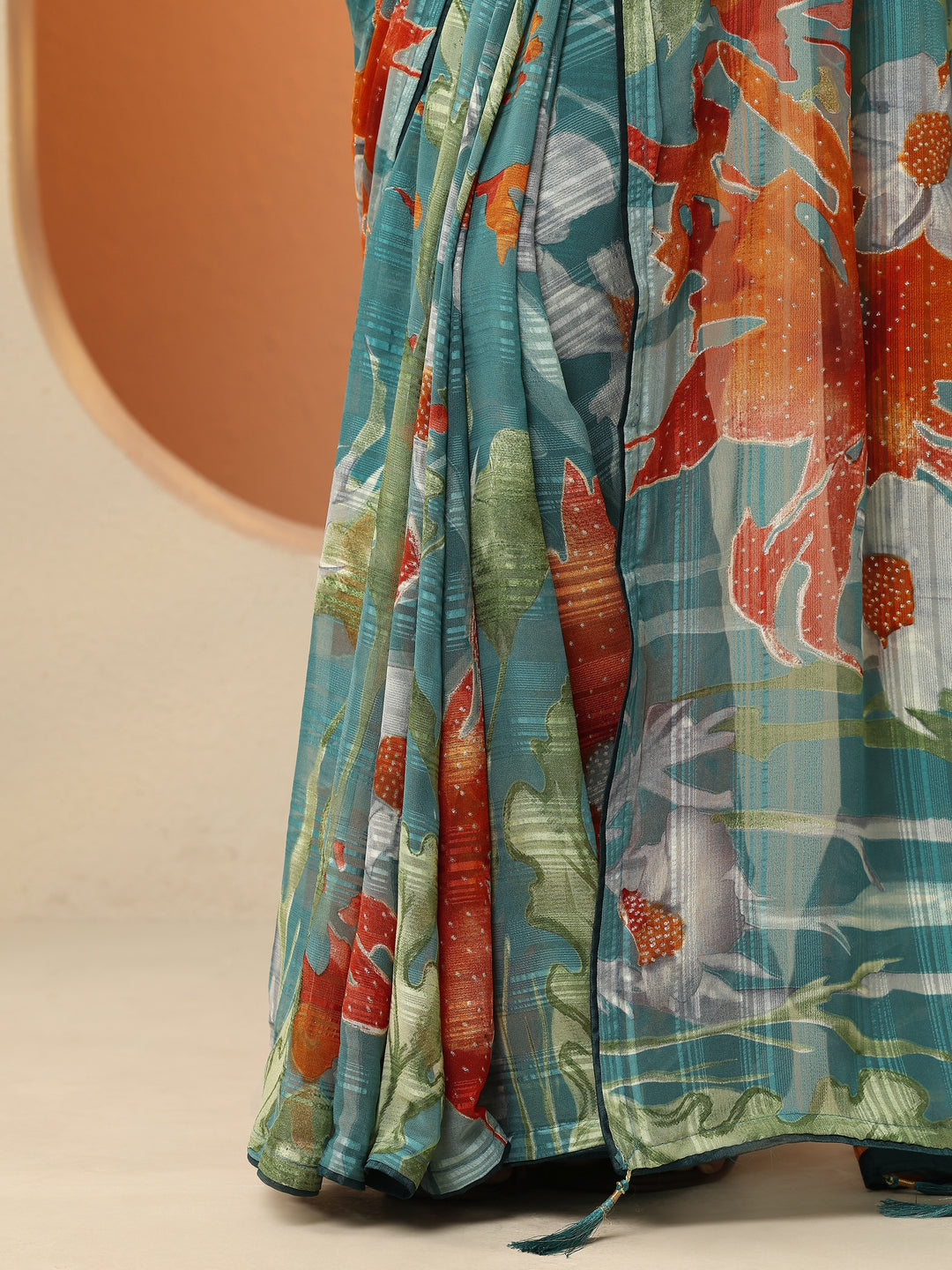 Blue Printed Georgette Saree With Unstitched Blouse Piece