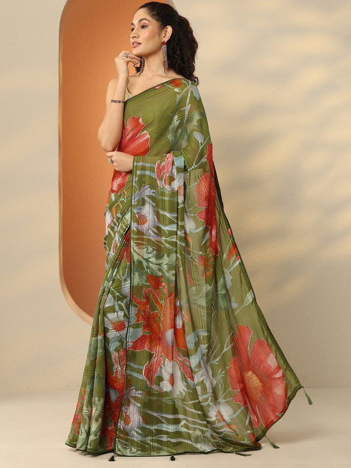 Green Printed Georgette Saree With Unstitched Blouse Piece
