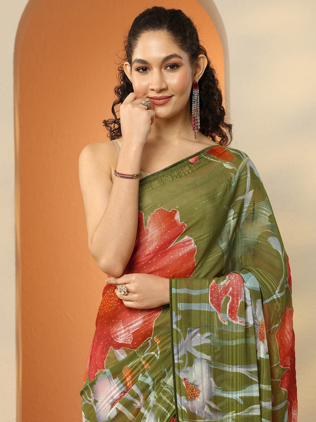 Green Printed Georgette Saree With Unstitched Blouse Piece