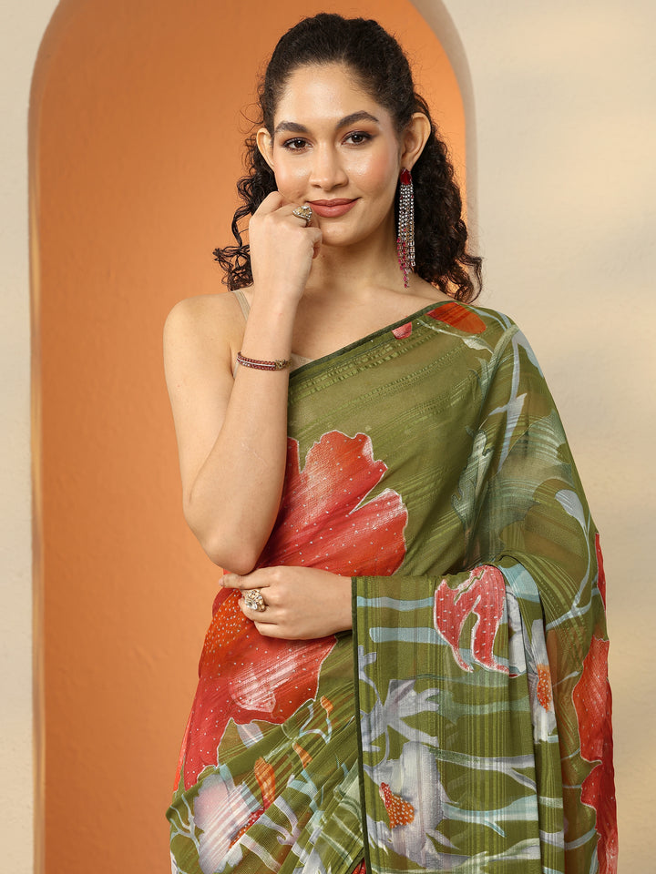 Green Printed Georgette Saree With Unstitched Blouse Piece