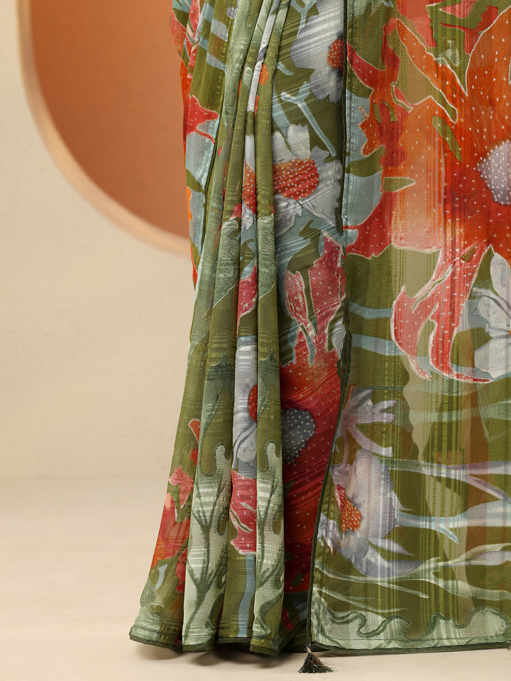 Green Printed Georgette Saree With Unstitched Blouse Piece