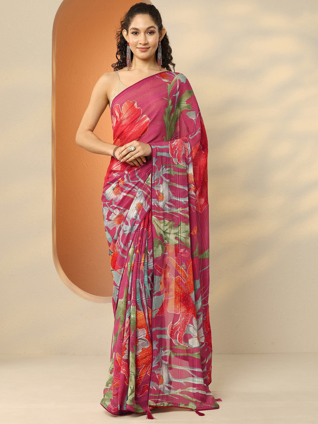 Pink Printed Georgette Saree With Unstitched Blouse Piece