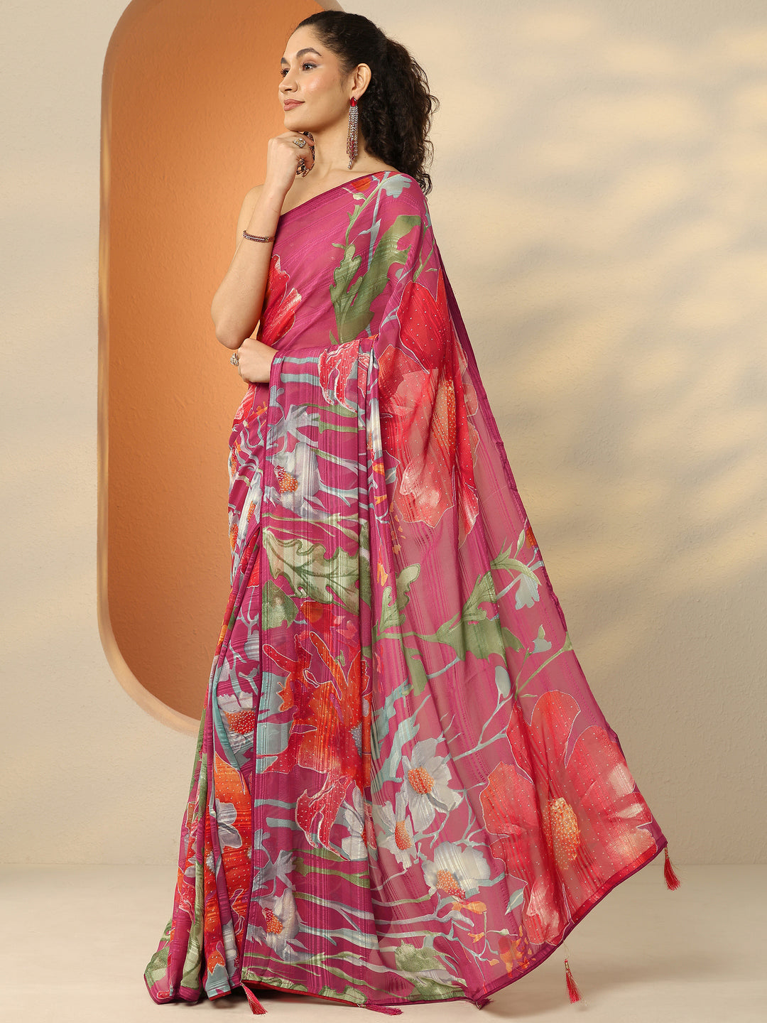 Pink Printed Georgette Saree With Unstitched Blouse Piece
