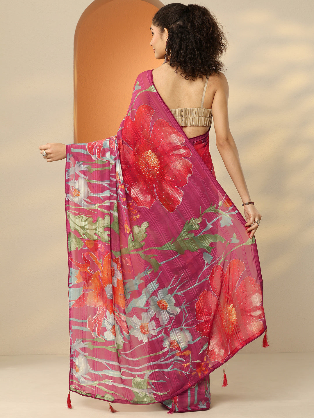Pink Printed Georgette Saree With Unstitched Blouse Piece