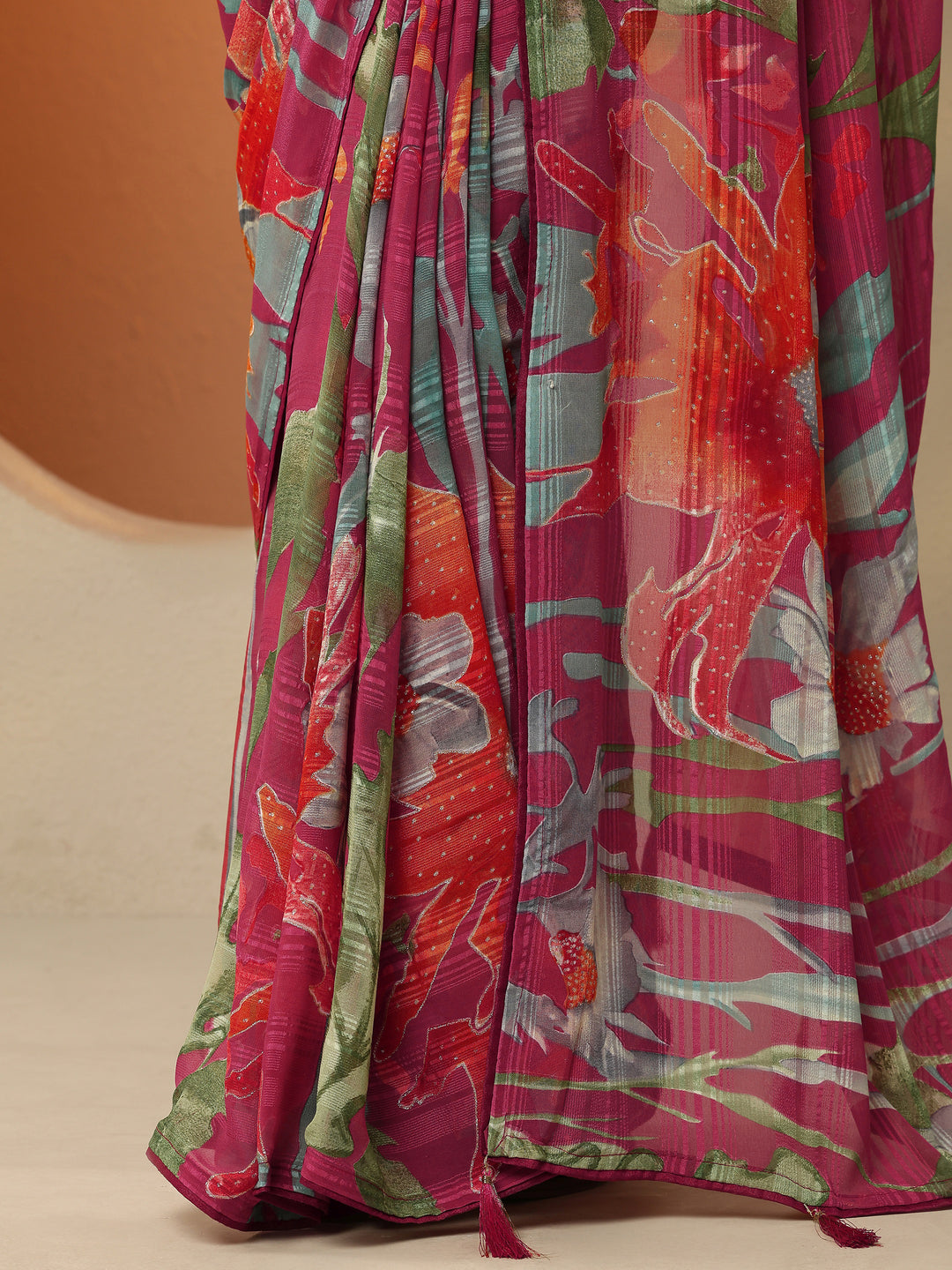 Pink Printed Georgette Saree With Unstitched Blouse Piece