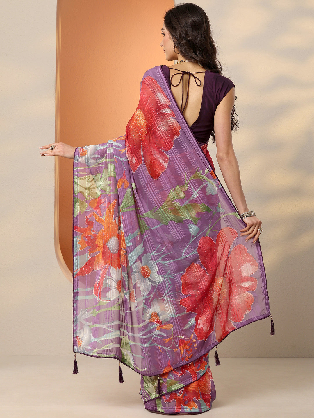 Purple Printed Georgette Saree With Unstitched Blouse Piece