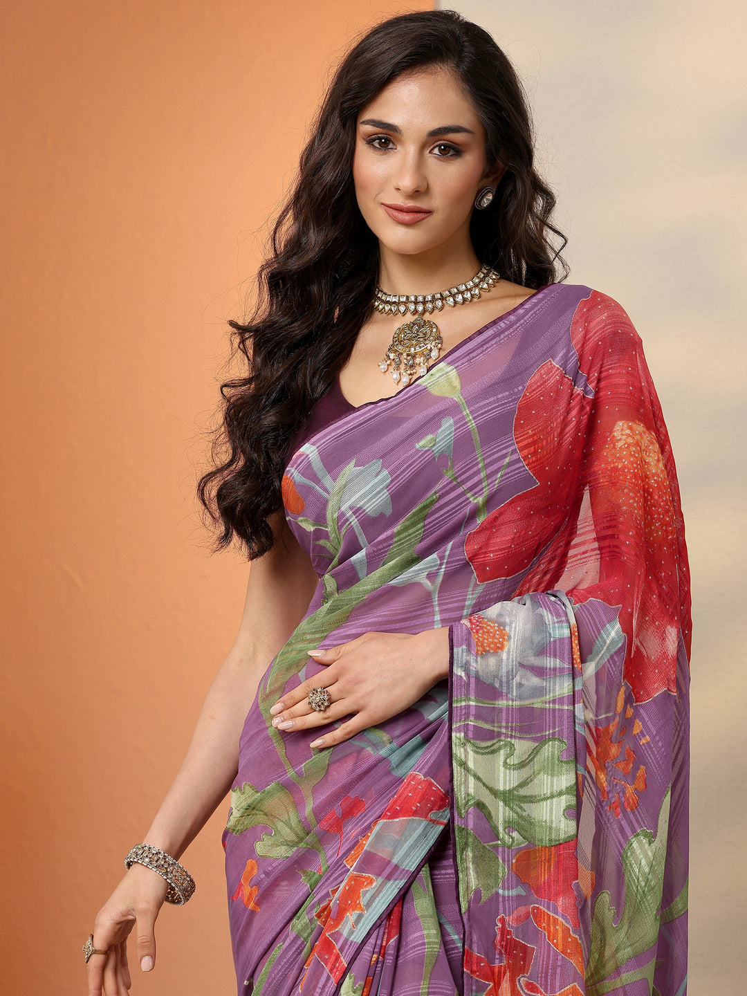 Purple Printed Georgette Saree With Unstitched Blouse Piece