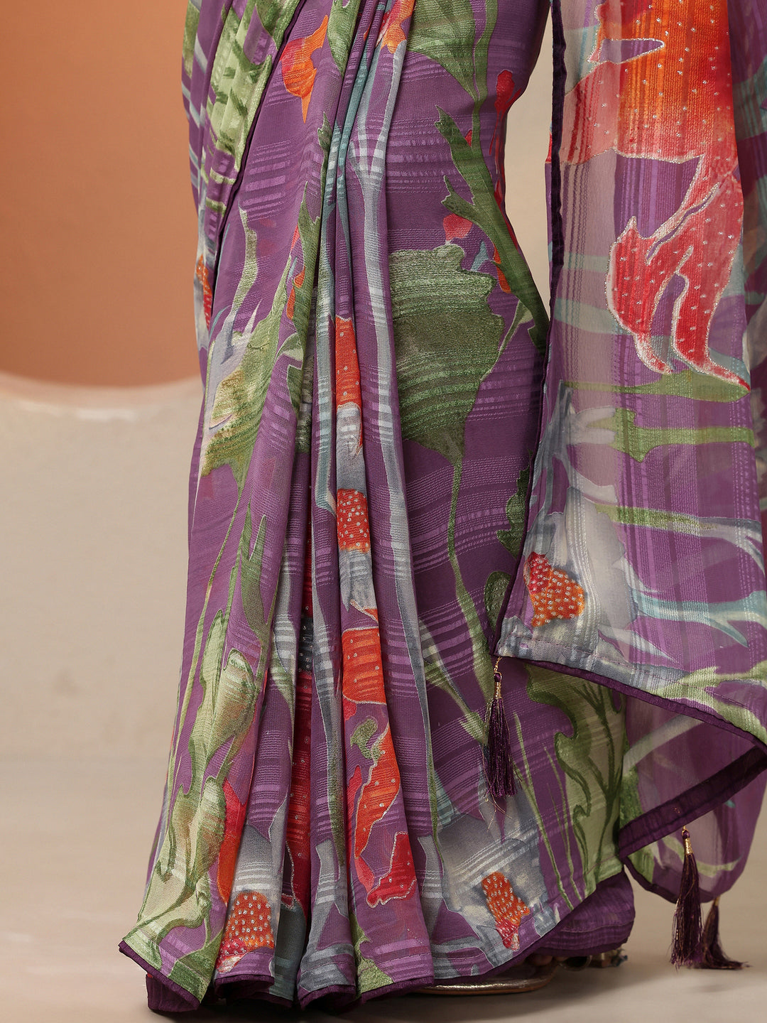 Purple Printed Georgette Saree With Unstitched Blouse Piece