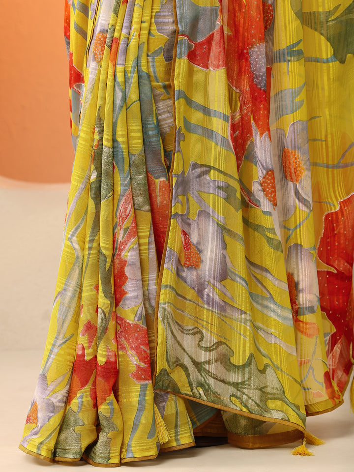 Yellow Printed Georgette Saree With Unstitched Blouse Piece