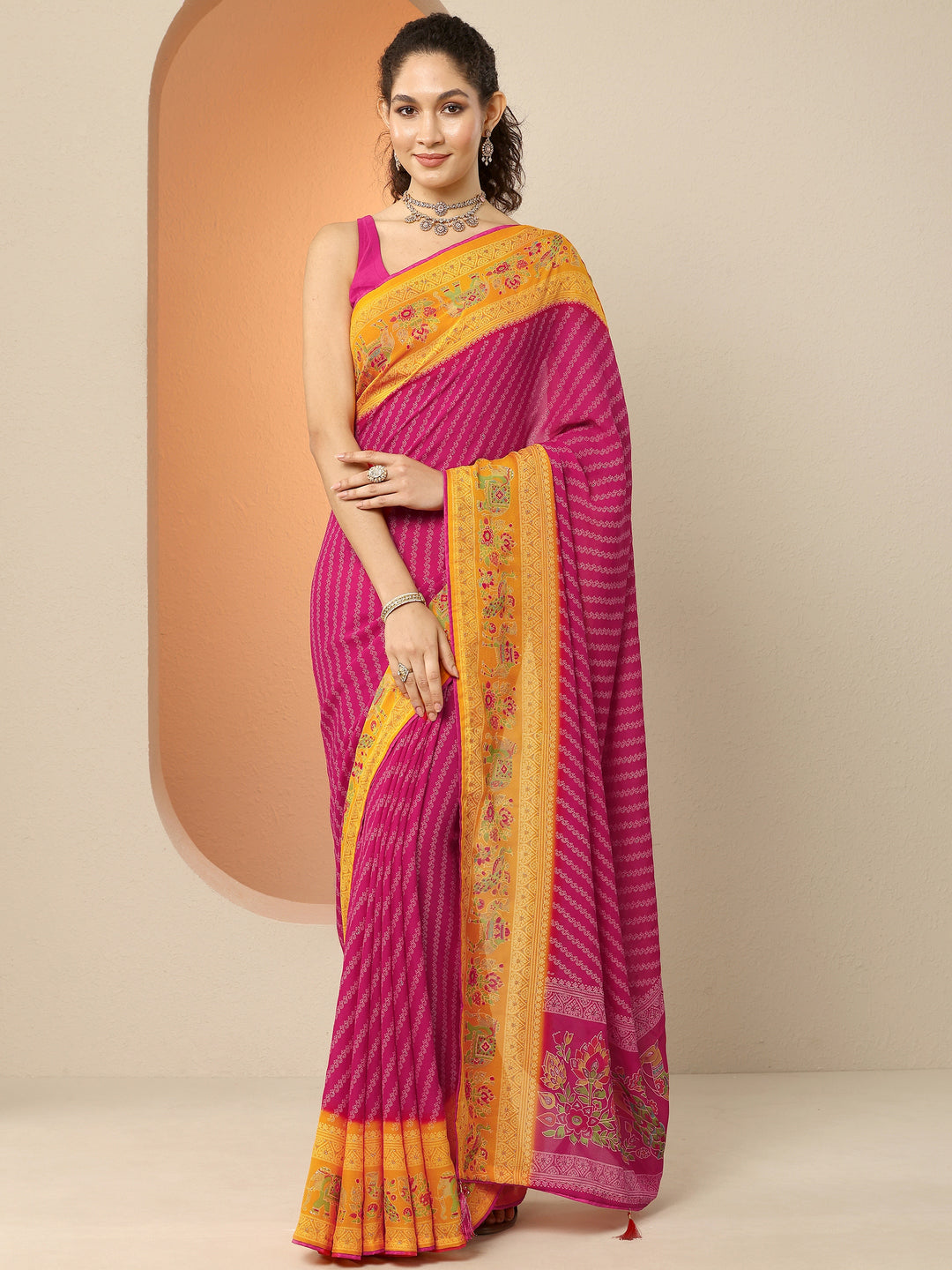 Pink Printed Georgette Saree With Unstitched Blouse Piece