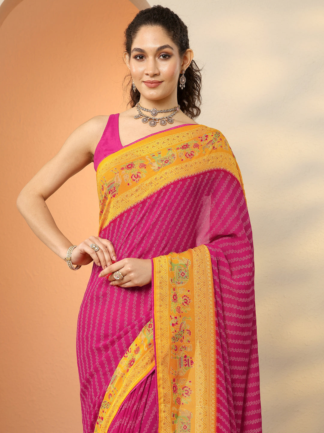 Pink Printed Georgette Saree With Unstitched Blouse Piece