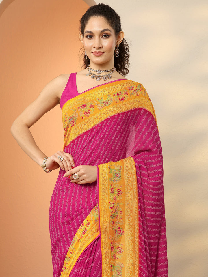 Pink Printed Georgette Saree With Unstitched Blouse Piece