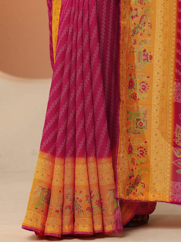 Pink Printed Georgette Saree With Unstitched Blouse Piece