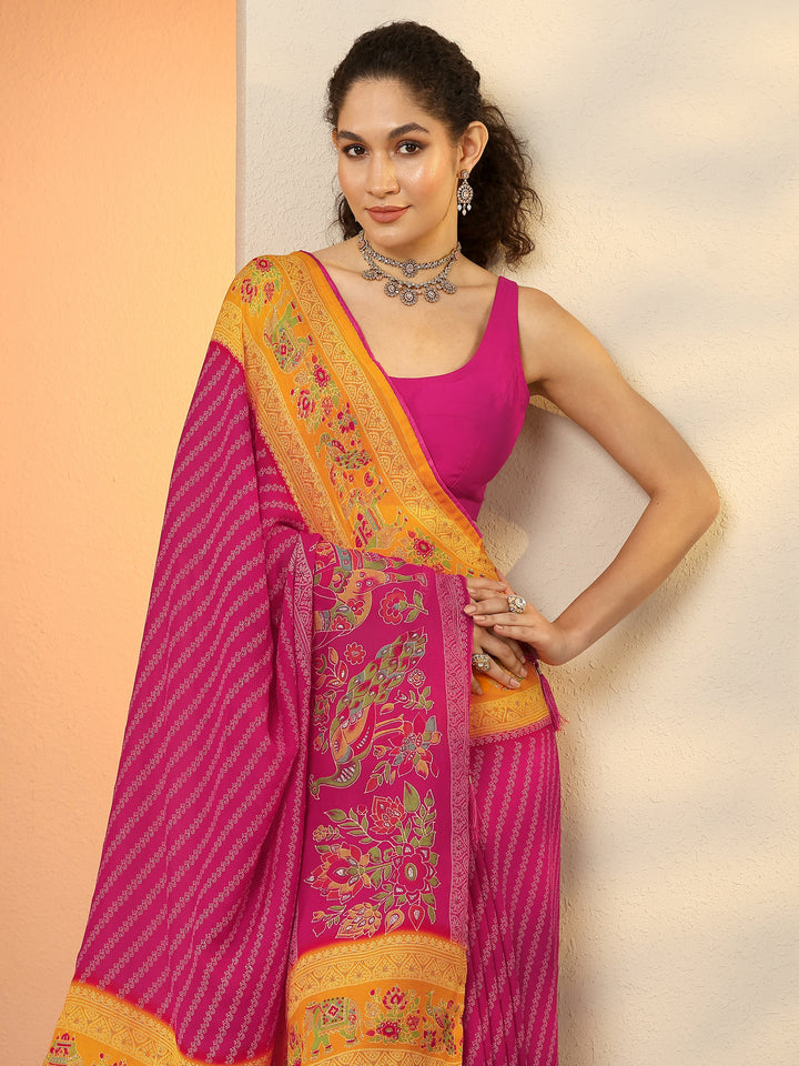 Pink Printed Georgette Saree With Unstitched Blouse Piece