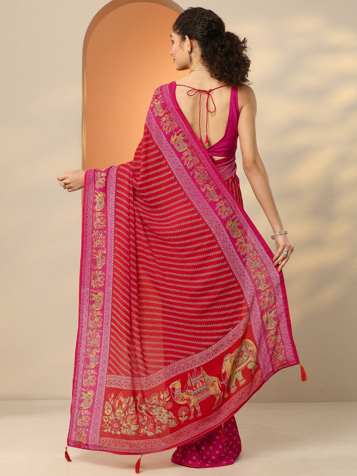Red Printed Georgette Saree With Unstitched Blouse Piece