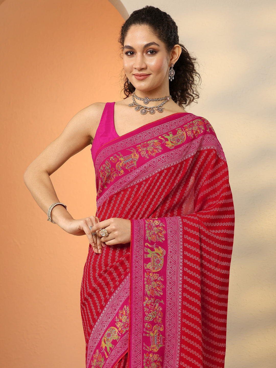 Red Printed Georgette Saree With Unstitched Blouse Piece